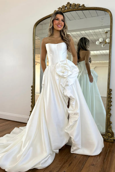 A-Line Strapless Red Satin Prom Dresses with Handmade Flower VK26012707