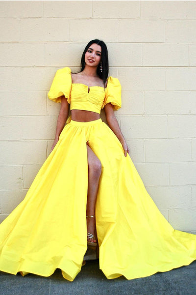 Yellow Two Piece Sweetheart  A-Line Prom Dresses with Slit VK24051605