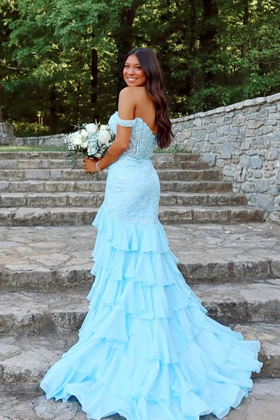Cute Mermaid Off the Shoulder Light Blue Tiered Prom Dresses with Slit VK25050802
