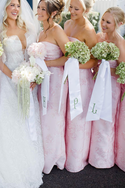 Cute Sheath Light Pink Jacquard Satin Long Bridesmaid Dresses with Big Bow VK26102909