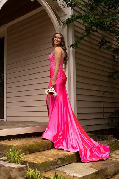 Charming Mermaid Sweetheart Pink Satin Prom Dress with Slit VK25060505