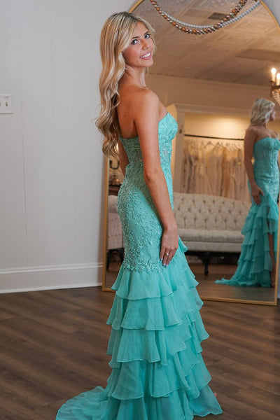 Cute Mermaid Strapless Mint Chiffon Prom Dresses with Appliques VK24112201