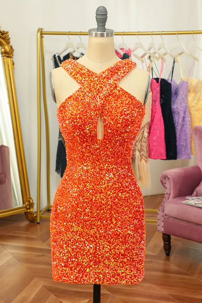 Sparkly Orange Cross V-Neck Sequins Tight Homecoming Dress VK23062110