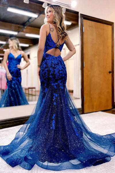 Mermaid Spaghetti Straps Dark Blue Long Prom Dress with Appliques VK23101609