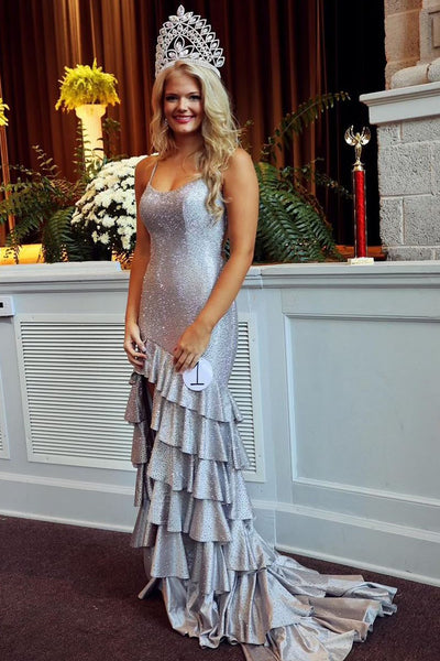 Charming Mermaid V Neck Silver Satin Prom Dresses with Beading VK24103004