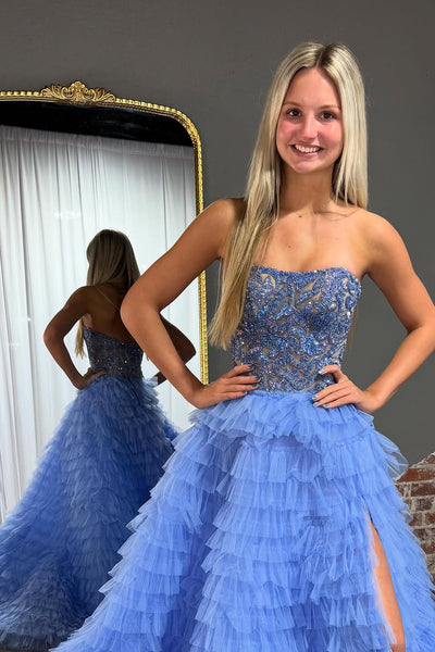 Gorgeous Ball Gown Strapless Blue Tiered Tulle Prom Dress with Beading VK25030102