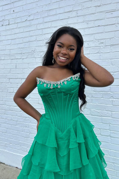 Cute Scoop Neck Green Chiffon Tiered Prom Dress with Beading VK15120307