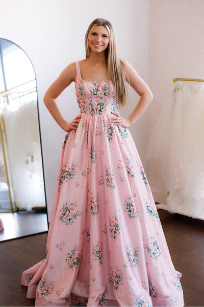 Cute A Line Square Neck Pink Floral Satin Prom Dress