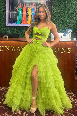 Green Strapless Ruffle Tiered Tulle Long Prom Dresses with Slit VK24042502