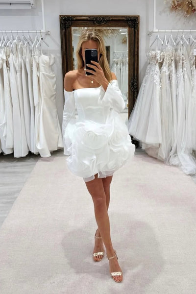 Off the Shoulder Long Sleeves White Satin Short Wedding Dresses with Handmade Flower VK26020506