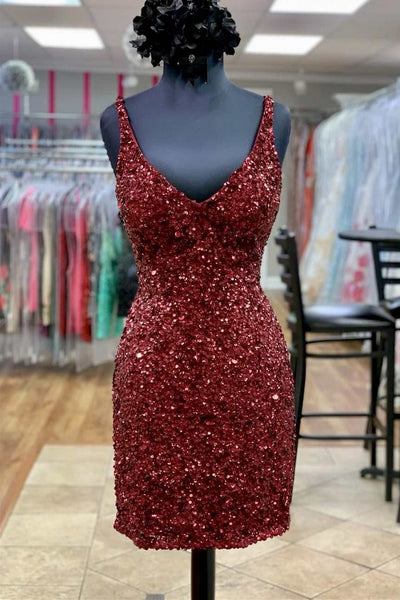 Glitter V Neck Red Sequins Tight Mini Homecoming Dress VK23092007