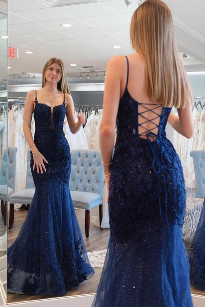 Navy Blue Sweetheart Sequins Mermaid Long Prom Dresses with Appliques VK24041402