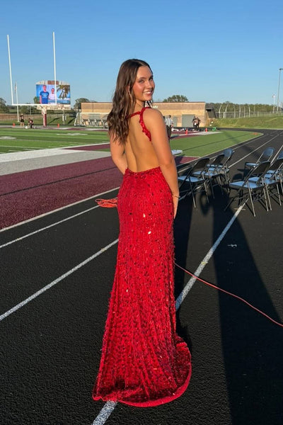 Gorgeous Mermaid V Neck Red Sequins Beading Long Prom Dress with Slit VK25100702