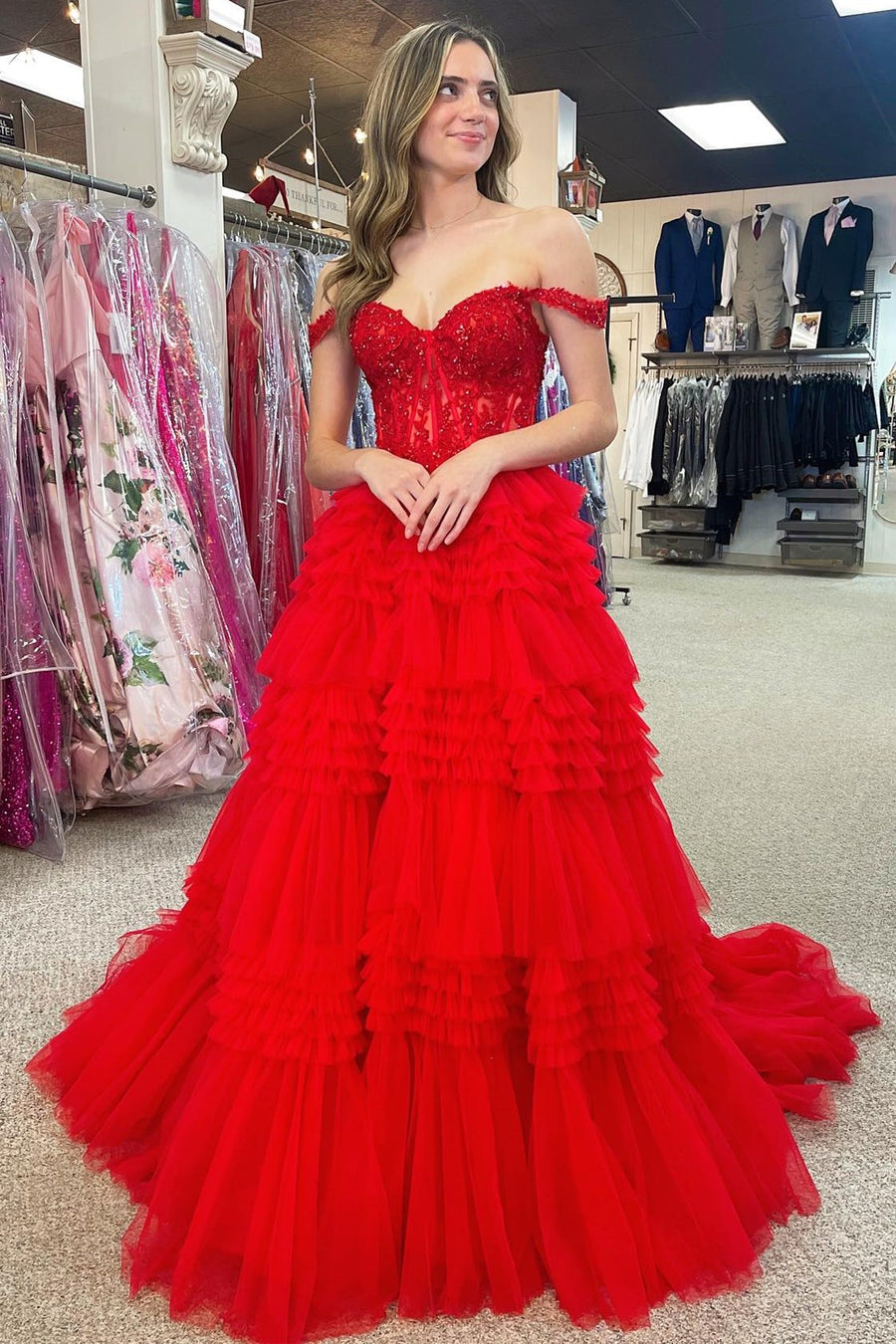 Red Tulle Off-the-Shoulder Ruffle Tiered Long Prom Dress VK23112105