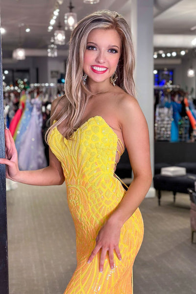 Yellow Strapless Sequins Mermaid Long Prom Dresses VK24040303