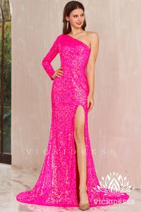Mermaid One Shoulder Fuchsia Sequins Long Prom Dress with Beading Back VK23121901