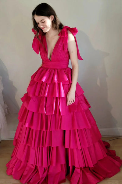 Fuchsia Bow Tie Straps Layers Plunging V Long Prom Dress VK23120903