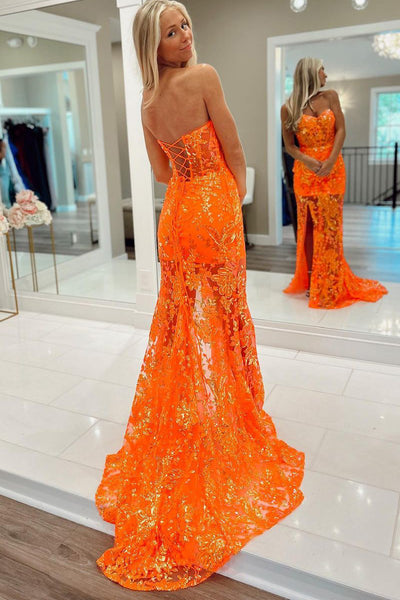 Orange Mermaid Sequin Lace Long Prom Dresses with Detachable Shoulder Straps VK23092503