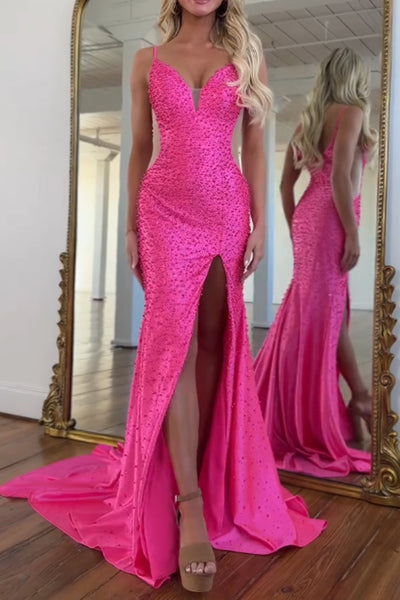 Mermaid V Neck Hot Pink Beads Long Prom Dresses with Slit VK26020103