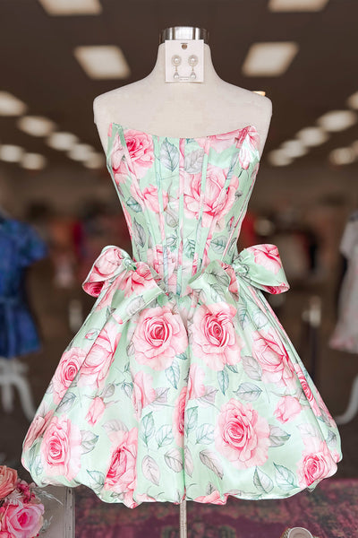 A Line Scoop Neck Floral Satin Short Homecoming Dress VK26071607