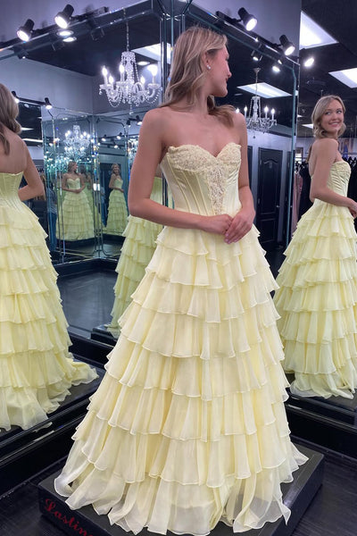 Cute A Line Sweetheart Daffodil Tiered Chiffon Prom Dress with Appliques VK16020306