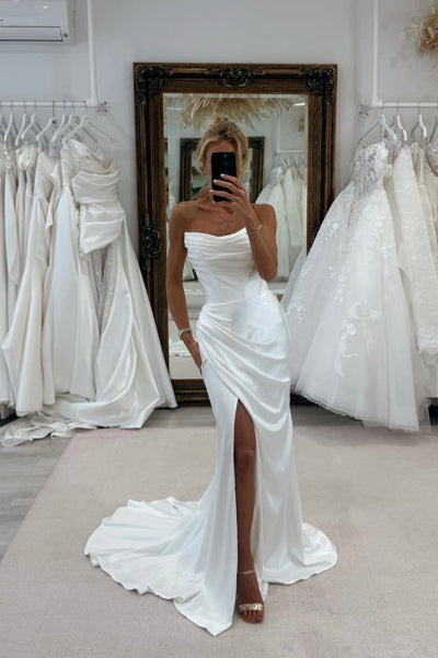 Sheath Scoop Neck Silk Satin Wedding Dress with Slit VK25112405