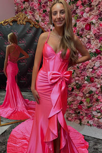 Charming Mermaid Sweetheart Hot Pink Satin Long Prom Dresses with Bow VK24092206