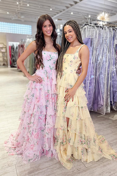 A Line Square Neck Floral Chiffon Long Prom Dress with Pearls VK030508