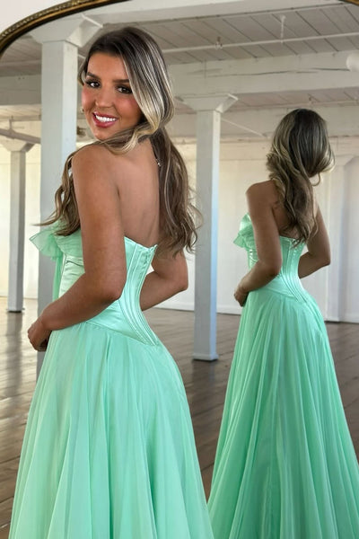 A Line Strapless Light Blue Chiffon Long Prom Dress with Slit VK22804