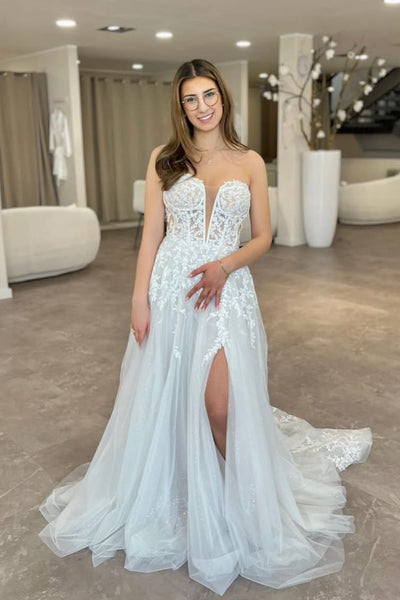 Boho A Line Sweetheart Tulle Wedding Dress with Appliques VK26060815