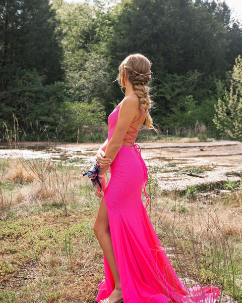 Charming Mermaid V Neck Hot Pink Satin Long Prom Dresses with Beading VK23052002