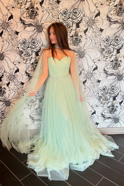 Cute A Line Sweetheart Light Green Tulle Prom Dress with Beading