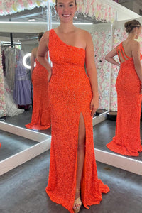 Sparkly Mermaid One Shoulder Orange Silk Satin Long Prom Dresses with Slit VK23080604