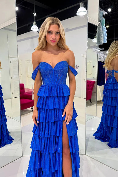 A Line Off the Shoulder Royal Blue Hot Fix Satin Prom Dress with Slit VK26031501