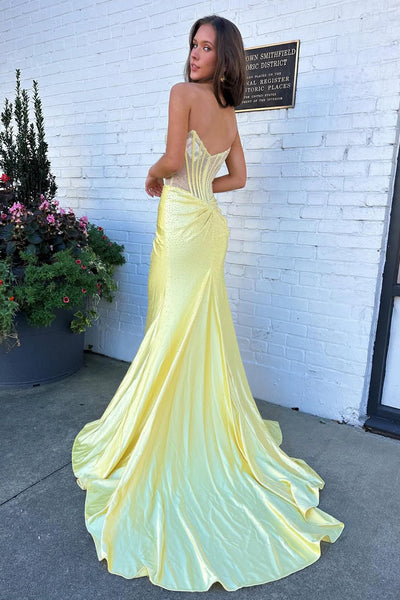 Glamorous Mermaid Scoop Neck Hot Fix Satin Prom Dress with Slit VK162003