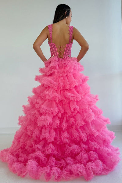 Gorgeous Ball Gown Sweetheart Pink Tiered Tulle Prom Dresses with Appliques VK1314
