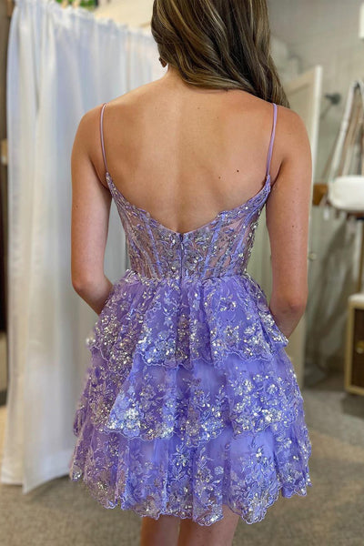 Cute A-Line V Neck Lavender Sequin Appliques Short Tiered Homecoming Dresses VK23072104