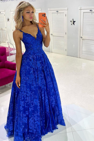 Royal Blue Sequin Lace V-Neck A-Line Long Prom Dress VK23112107