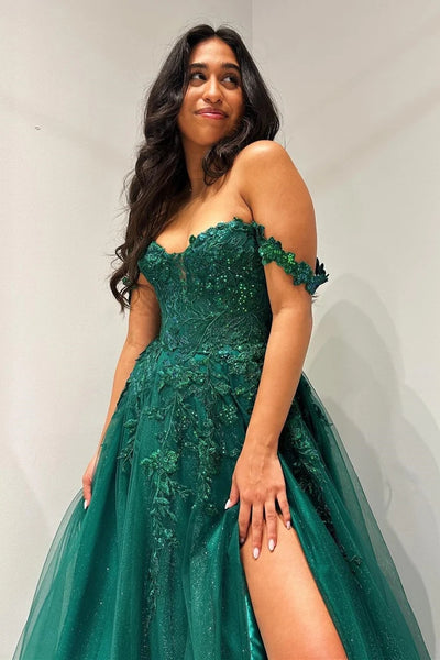 Glitter Emerald Appliques Off-the-Shoulder A-Line Long Prom Dress VK24010901