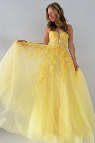A-Line V Neck Yellow Tulle Lace Long Prom Dresses VK24011705