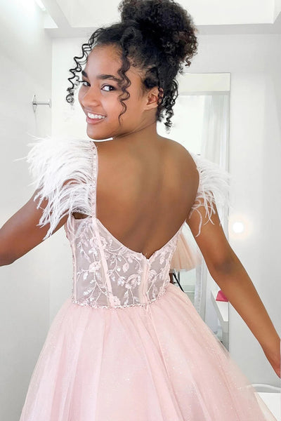 Glitter Pink A-Line Corset Tulle Short Homecoming Dress with Feathers VK23081803