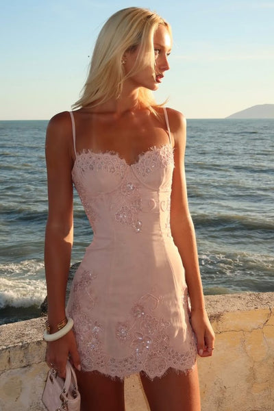 Pink Spaghetti Straps V-Neck Lace Appliques Tight Homecoming Dress VK26070109