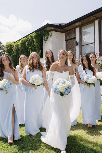 Sheath One Shoulder Bow Blue Chiffon Long Bridesmaid Dresses with Slit VK26081507