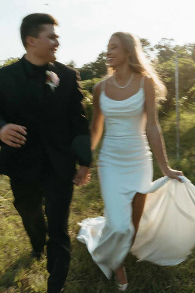 Simple Sheath Cowl Neck Silk Satin Long Wedding Dresses with Slit