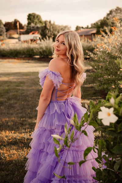 Cute Fairy Off the Shoulder Lilac Tiered Tulle Slit Prom Dresses
