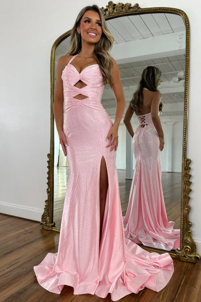 Pink Mermaid Halter Keyholes Beaded Long Prom Dresses with Slit VK26012903