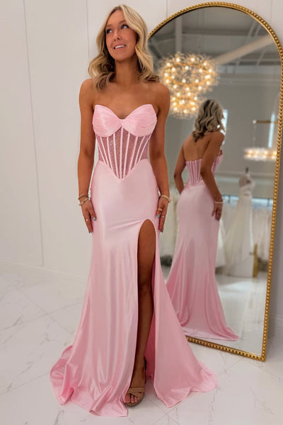 Mermaid Strapless Pink Satin Corset Long Prom Dresses with Slit VK26030104