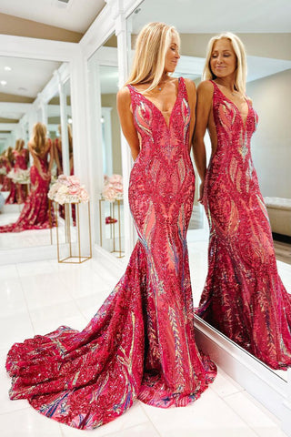 Fuchsia Sequin Lace V Neck Mermaid Long Prom Dresses VK23120503
