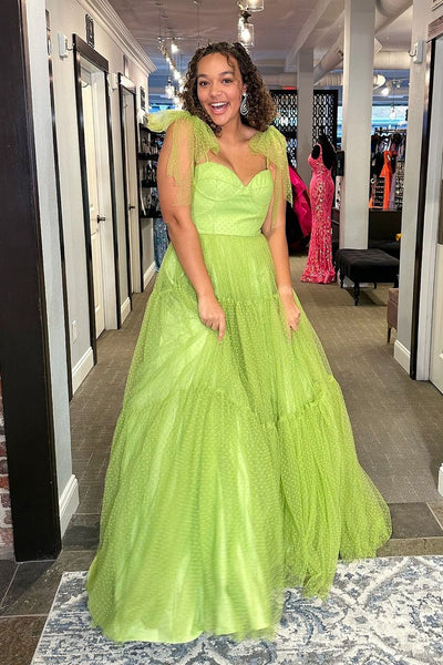 Sage Green Sweetheart Tulle Long Prom Dresses with Bow Tie VK24032203