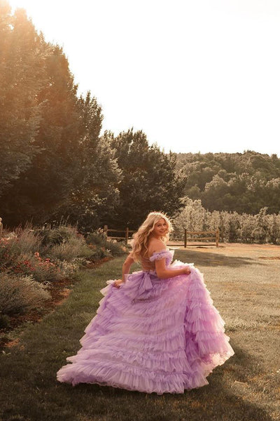 Cute Fairy Off the Shoulder Lilac Tiered Tulle Slit Prom Dresses